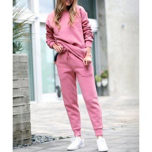 Bright Pink Round Neck Pullover Sweatshirt & Sweatpants Set